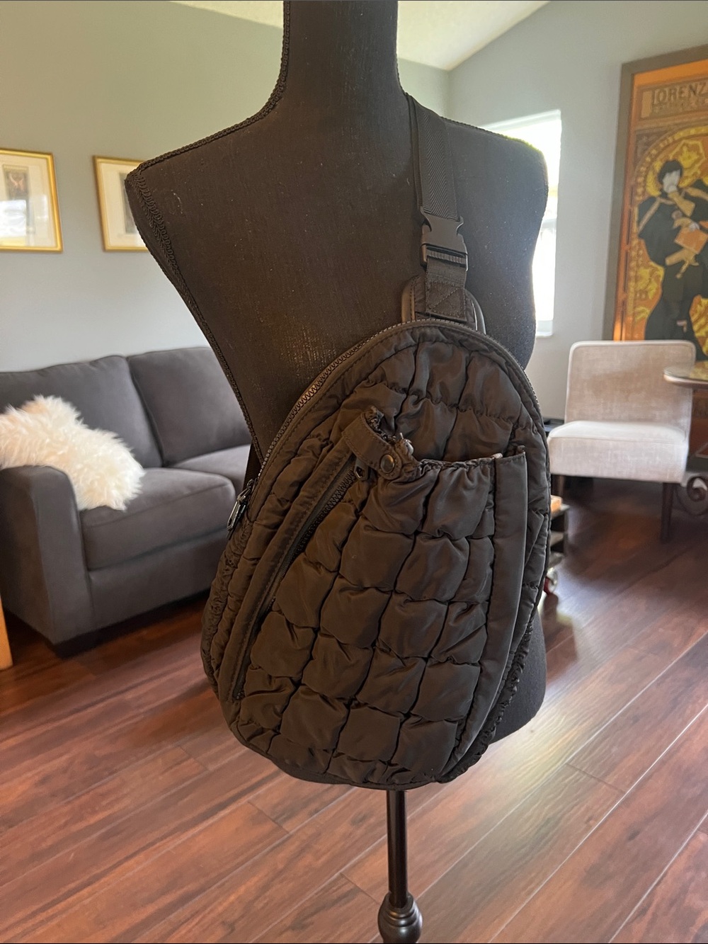 Sol and Selene crossbody pack, black, puffy, nylon, durable and super useful